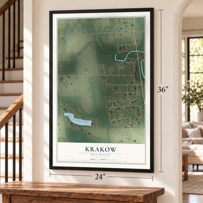 Krakow, Wisconsin map, 24 x 36 inch print in a black frame by a staircase