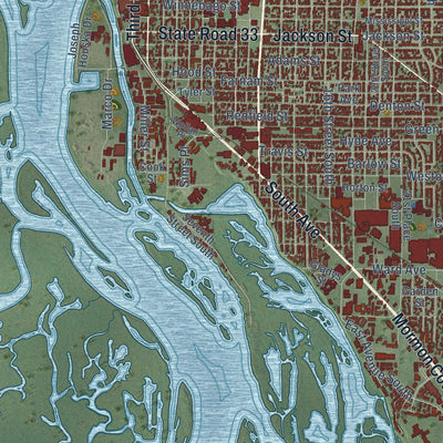 Close-up of the map of La Crosse, Wisconsin print showing street and building detail