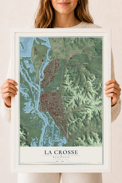 Map of La Crosse, Wisconsin, 18 x 24 inch print in a white wood frame