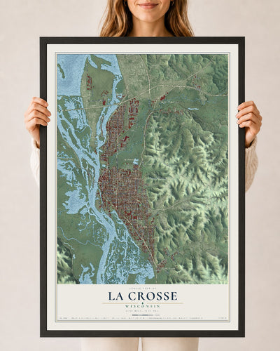 Map of La Crosse, Wisconsin, 24 x 36 inch print in a black wood frame