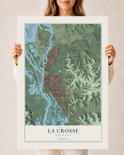 Map of La Crosse, Wisconsin, 24 x 36 inch print in a white wood frame