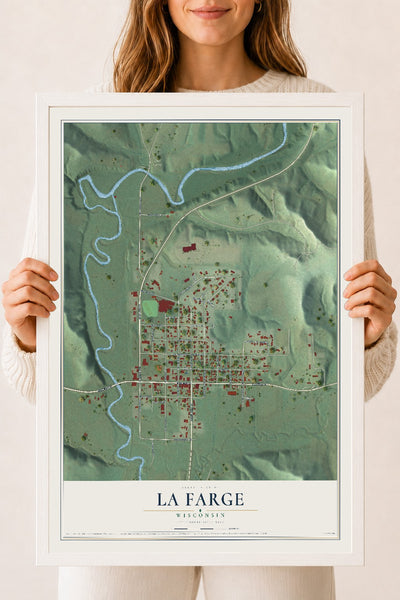 Map of La Farge, Wisconsin, 18 x 24 inch print in a white wood frame