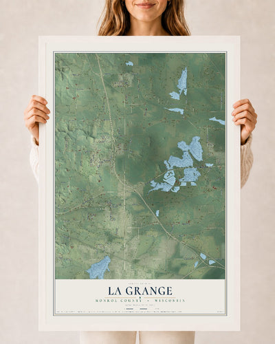 Map of La Grange, Monroe County, Wisconsin, 24 x 36 inch print in a white wood frame