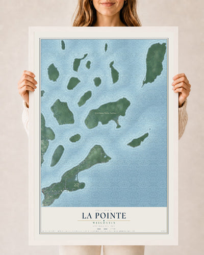 Map of La Pointe, Wisconsin, 24 x 36 inch print in a white wood frame