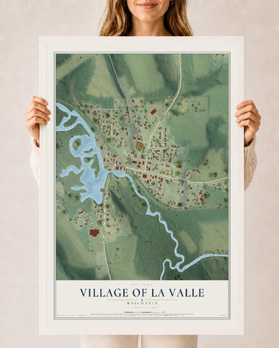 Map of La Valle, Wisconsin, 24 x 36 inch print in a white wood frame