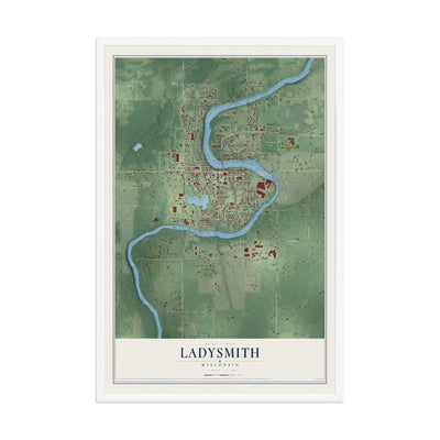 Map of Ladysmith, Wisconsin, 12 x 18 inch print in a white wood frame