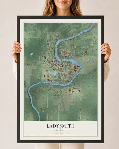 Map of Ladysmith, Wisconsin, 24 x 36 inch print in a black wood frame