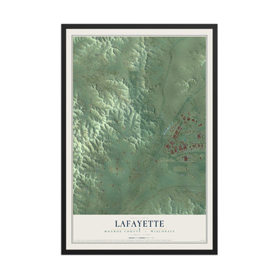 Map of Lafayette, Monroe County, Wisconsin, 12 x 18 inch print in a black wood frame