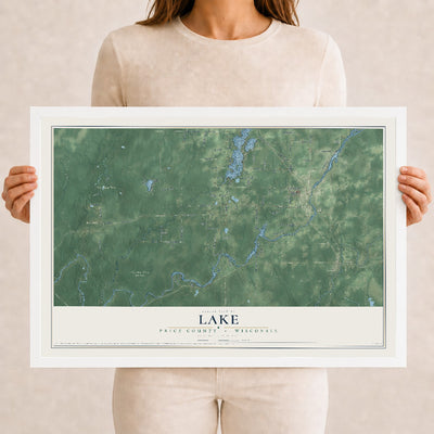 Map of Lake, Price County, Wisconsin, 12 x 18 inch print in a white wood frame