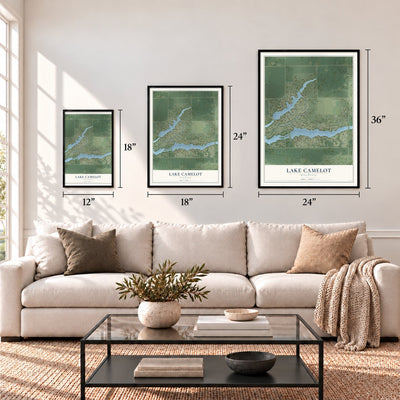 Lake Camelot, Wisconsin map in 12 x 18, 18 x 24 and 24 x 36 inch sizes above a sofa
