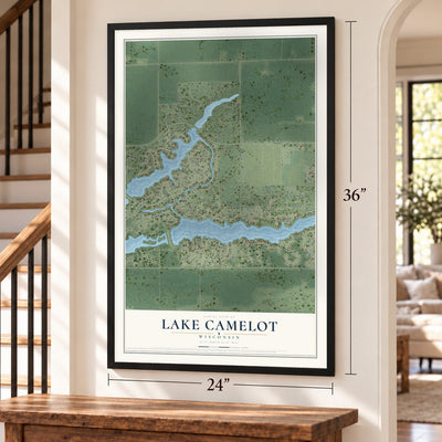 Lake Camelot, Wisconsin map, 24 x 36 inch print in a black frame by a staircase