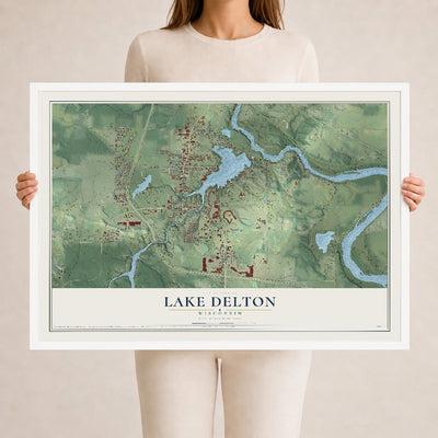 Map of Lake Delton, Wisconsin, 24 x 36 inch print in a white wood frame