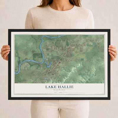 Map of Lake Hallie, Wisconsin, 12 x 18 inch print in a black wood frame