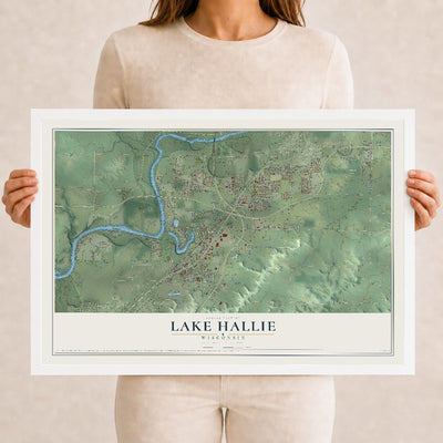 Map of Lake Hallie, Wisconsin, 12 x 18 inch print in a white wood frame