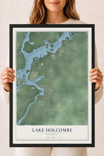Map of Lake Holcombe, Wisconsin, 18 x 24 inch print in a black wood frame