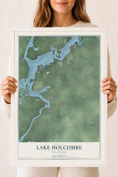 Map of Lake Holcombe, Wisconsin, 18 x 24 inch print in a white wood frame