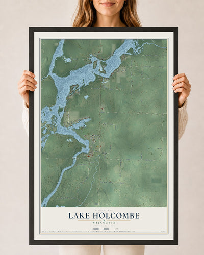 Map of Lake Holcombe, Wisconsin, 24 x 36 inch print in a black wood frame
