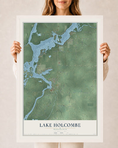 Map of Lake Holcombe, Wisconsin, 24 x 36 inch print in a white wood frame