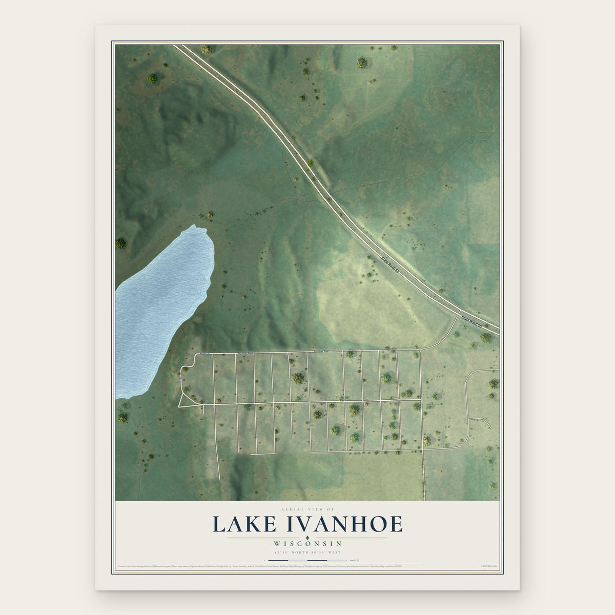 Lake Ivanhoe, Wisconsin map print, the full design
