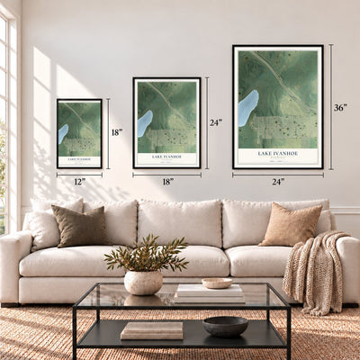 Lake Ivanhoe, Wisconsin map in 12 x 18, 18 x 24 and 24 x 36 inch sizes above a sofa