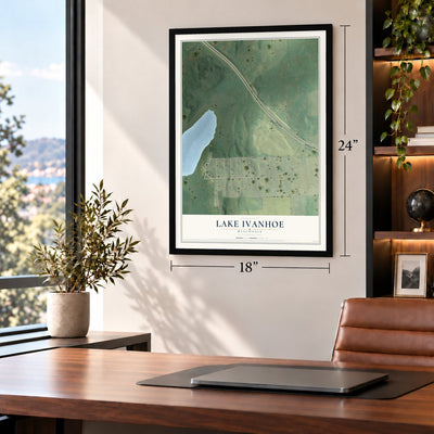 Lake Ivanhoe, Wisconsin map, 18 x 24 inch print in a black frame in a home office