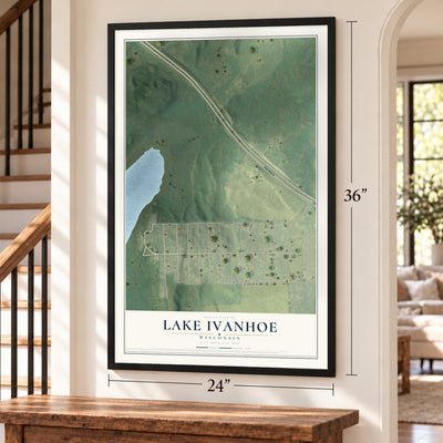 Lake Ivanhoe, Wisconsin map, 24 x 36 inch print in a black frame by a staircase