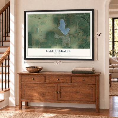 Lake Lorraine, Wisconsin map, 24 x 36 inch print in a black frame above a dresser by a staircase