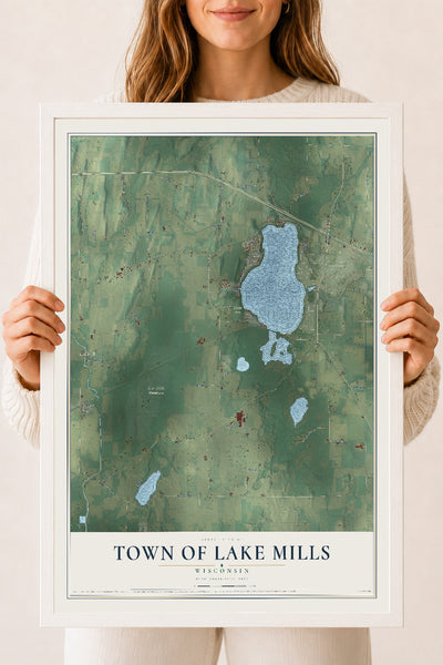 Map of the Town of Lake Mills, Wisconsin, 18 x 24 inch print in a white wood frame