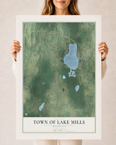 Map of the Town of Lake Mills, Wisconsin, 24 x 36 inch print in a white wood frame