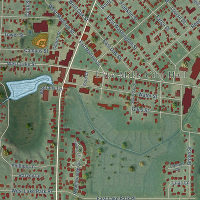 Close-up of the map of Lake Mills, Wisconsin print showing street and building detail