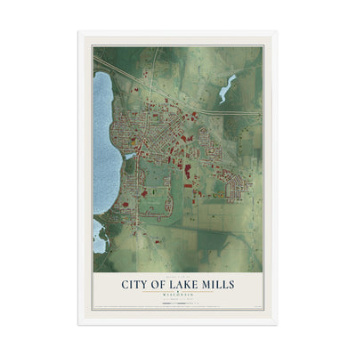 Map of Lake Mills, Wisconsin, 12 x 18 inch print in a white wood frame