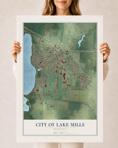 Map of Lake Mills, Wisconsin, 24 x 36 inch print in a white wood frame