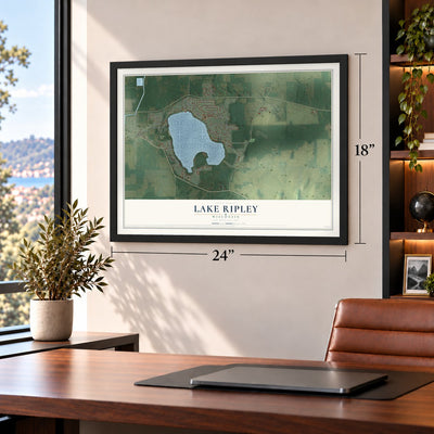 Lake Ripley, Wisconsin map, 18 x 24 inch print in a black frame in a home office
