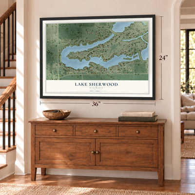 Lake Sherwood, Wisconsin map, 24 x 36 inch print in a black frame above a dresser by a staircase