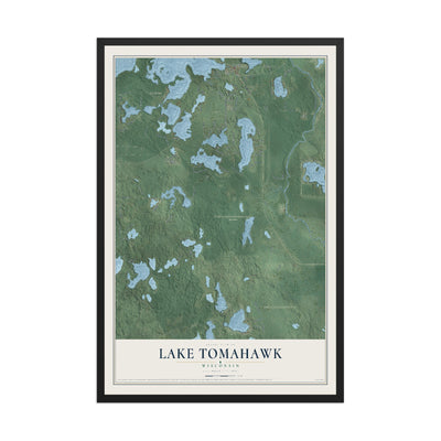 Map of Lake Tomahawk, Wisconsin, 12 x 18 inch print in a black wood frame