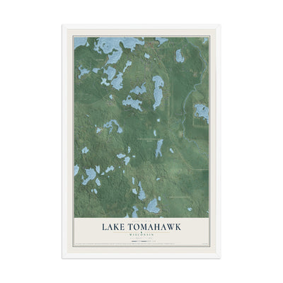 Map of Lake Tomahawk, Wisconsin, 12 x 18 inch print in a white wood frame