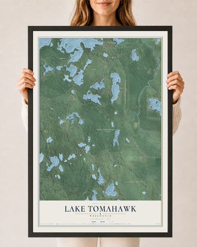 Map of Lake Tomahawk, Wisconsin, 24 x 36 inch print in a black wood frame