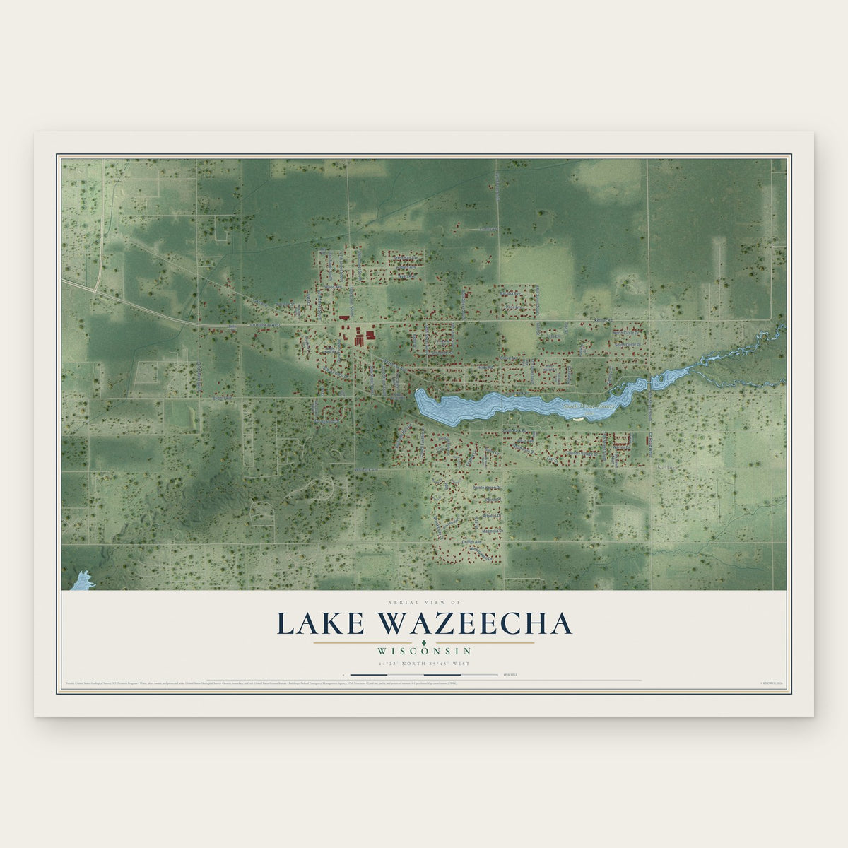 Lake Wazeecha, Wisconsin map print, the full design