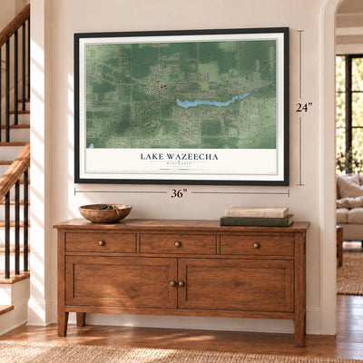 Lake Wazeecha, Wisconsin map, 24 x 36 inch print in a black frame above a dresser by a staircase