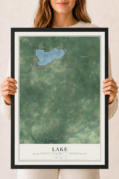 Map of Lake, Marinette County, Wisconsin, 18 x 24 inch print in a black wood frame