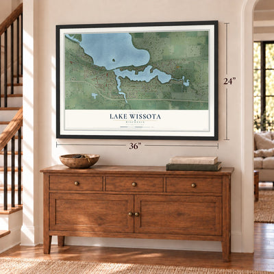 Lake Wissota, Wisconsin map, 24 x 36 inch print in a black frame above a dresser by a staircase
