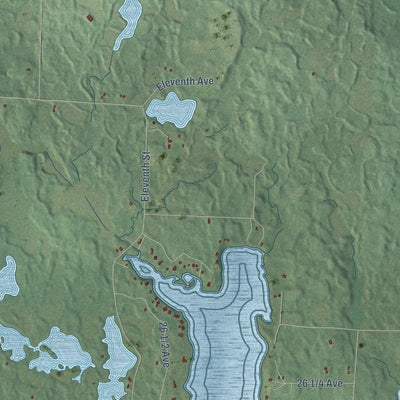 Second close-up of the map of Lakeland, Wisconsin print showing more streets and buildings