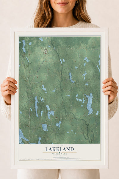 Map of Lakeland, Wisconsin, 18 x 24 inch print in a white wood frame