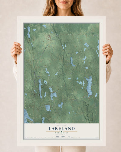 Map of Lakeland, Wisconsin, 24 x 36 inch print in a white wood frame