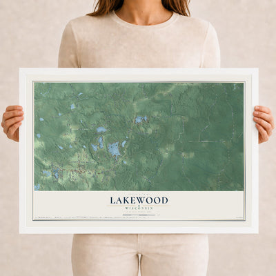 Map of Lakewood, Wisconsin, 12 x 18 inch print in a white wood frame