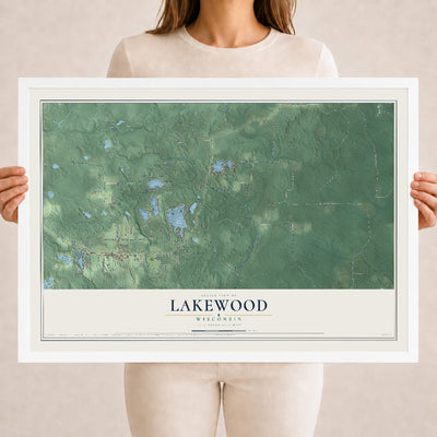 Map of Lakewood, Wisconsin, 18 x 24 inch print in a white wood frame