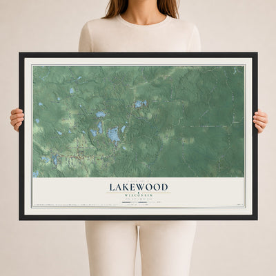 Map of Lakewood, Wisconsin, 24 x 36 inch print in a black wood frame
