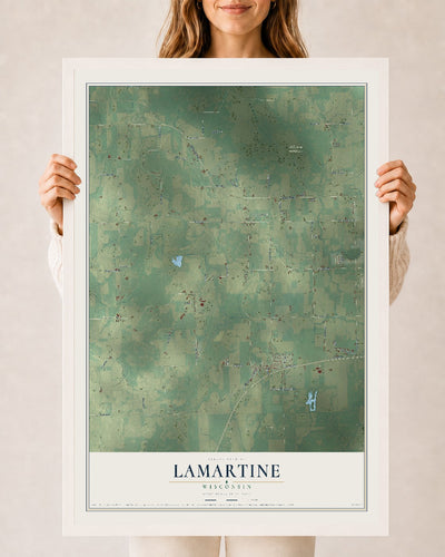 Map of Lamartine, Wisconsin, 24 x 36 inch print in a white wood frame