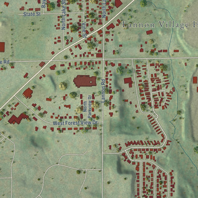 Close-up of the map of Lannon, Wisconsin print showing street and building detail
