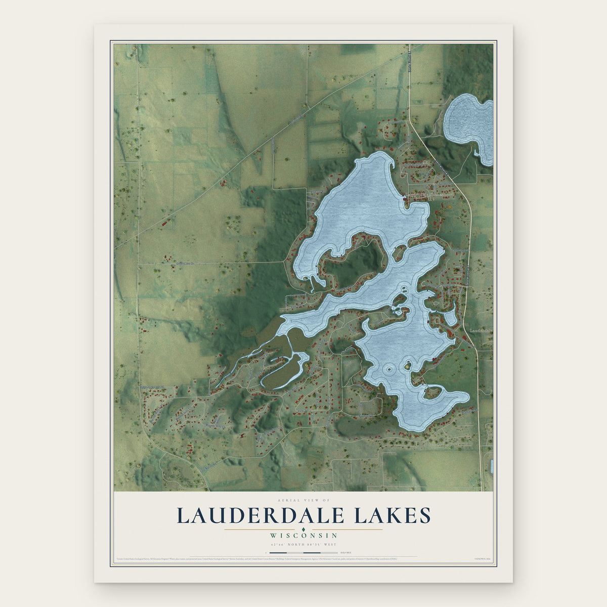 Lauderdale Lakes, Wisconsin map print, the full design